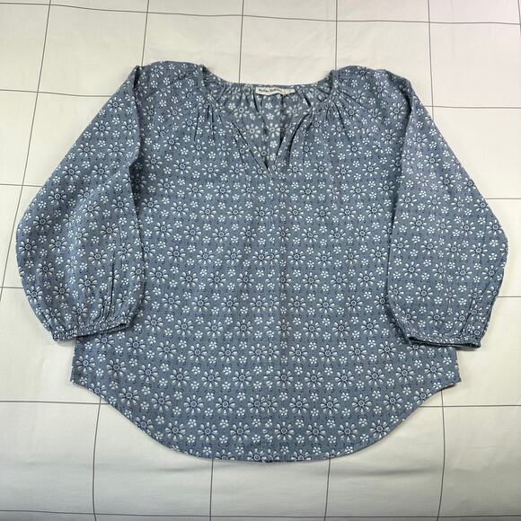 Roller Rabbit Anthropologie Top Women Small Blue Wythe Floral Cotton Boho V Neck - Picture 1 of 7